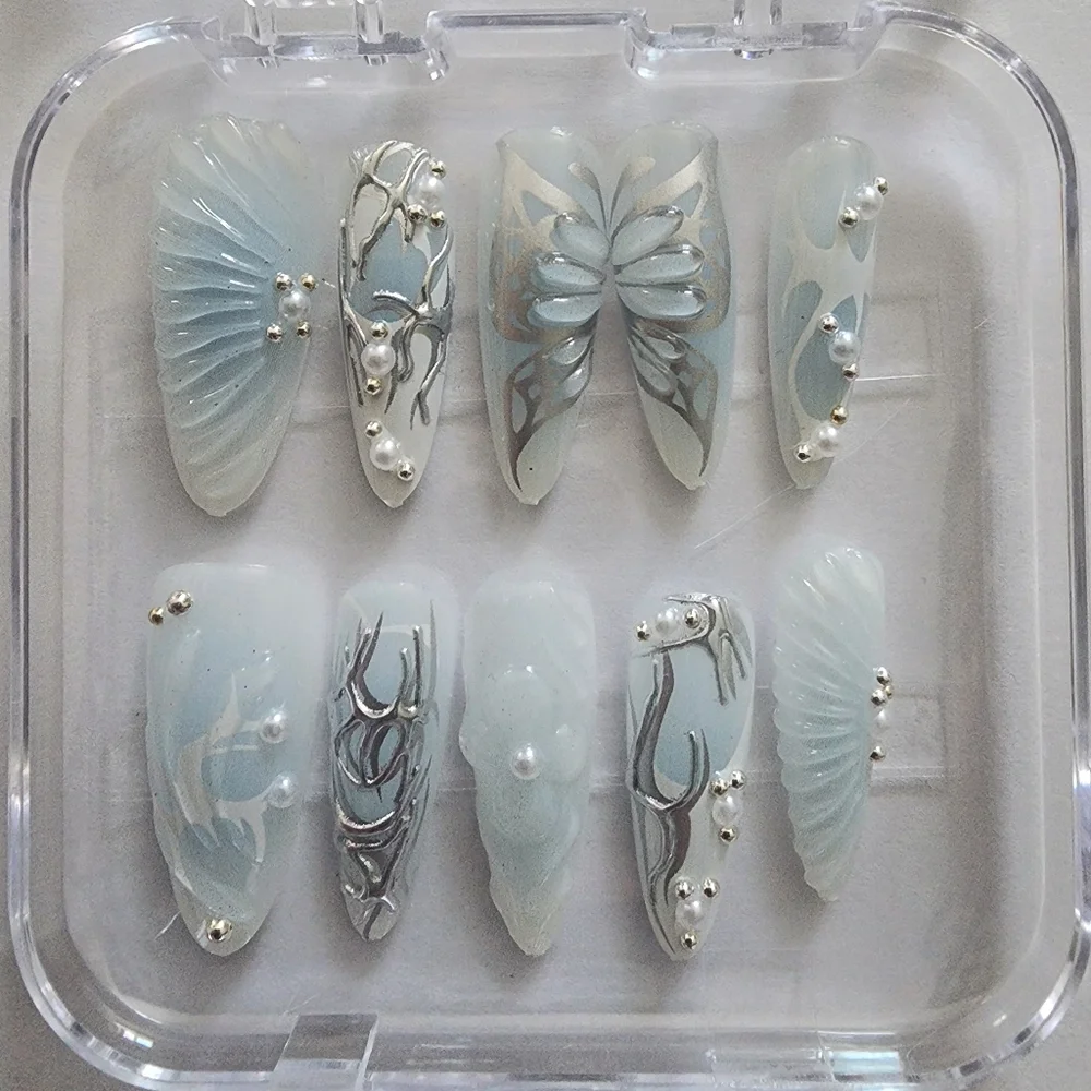 3D Mermaid Core Stiletto Press On Nails - Butterfly & Shell - Size Medium